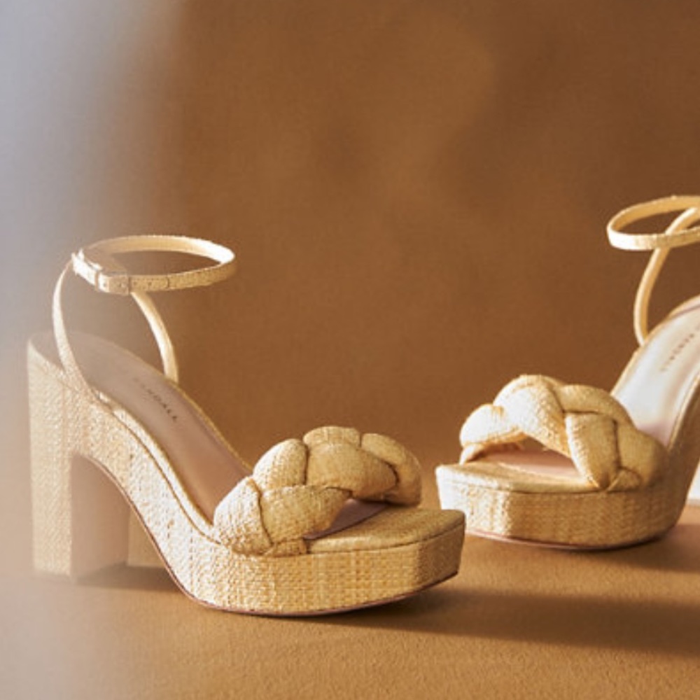 Loeffler Randall Fae Braided Raffia ankle strap platform sandals. Natural/Straw